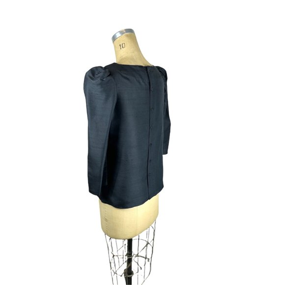 1980s black silk blouse with puffed sleeves and back buttons Size L - Picture 4 of 6
